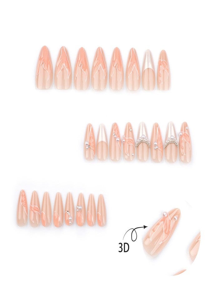 BSBTBZ 24Pcs Almond Press on Nails Medium Length 3D Fake Nails with Cute Mermaid Pearl Designs Charms Handmade Nail French Tip False Nails Press ons Summer Theme Stick on Nails for Women Manicure Decor - Image 2